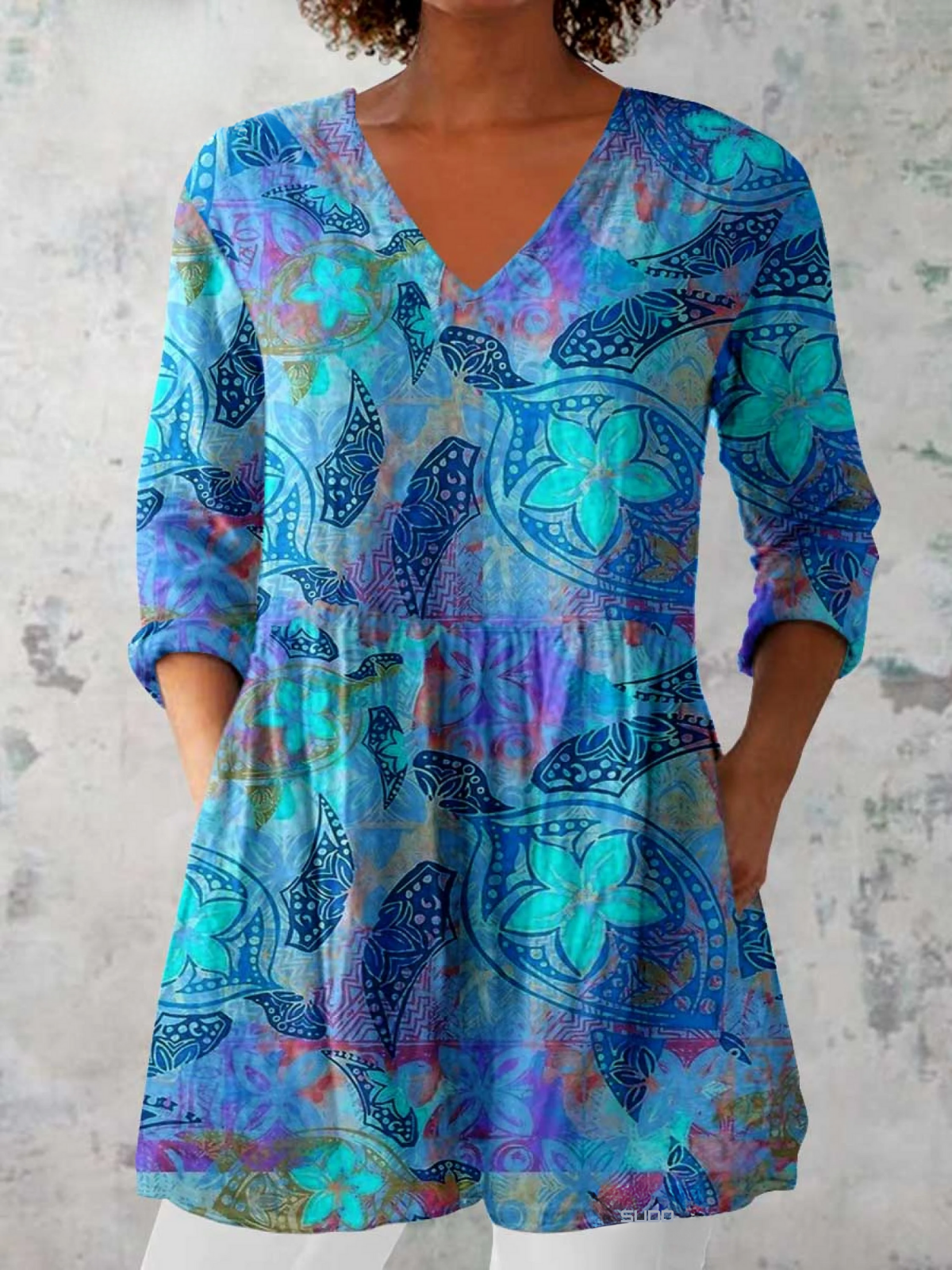 Camicia Lunga con Scollo a V - Blu