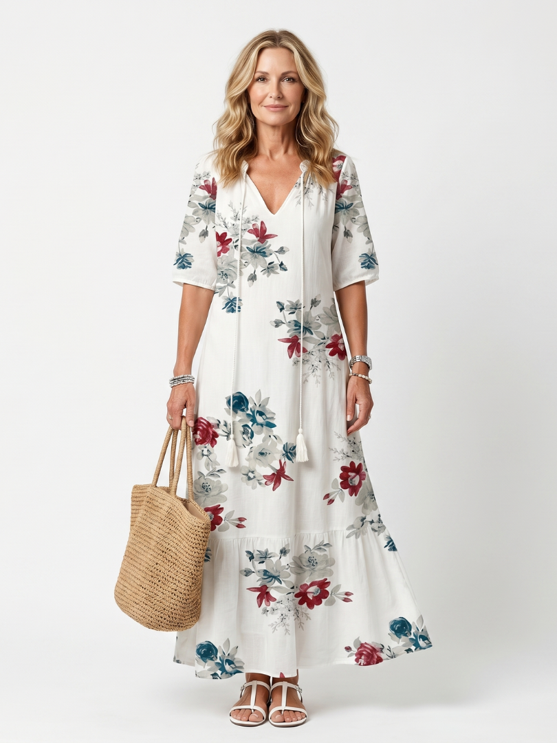 Abito Midi con Fiori Sparsi e Fiocco con Frange