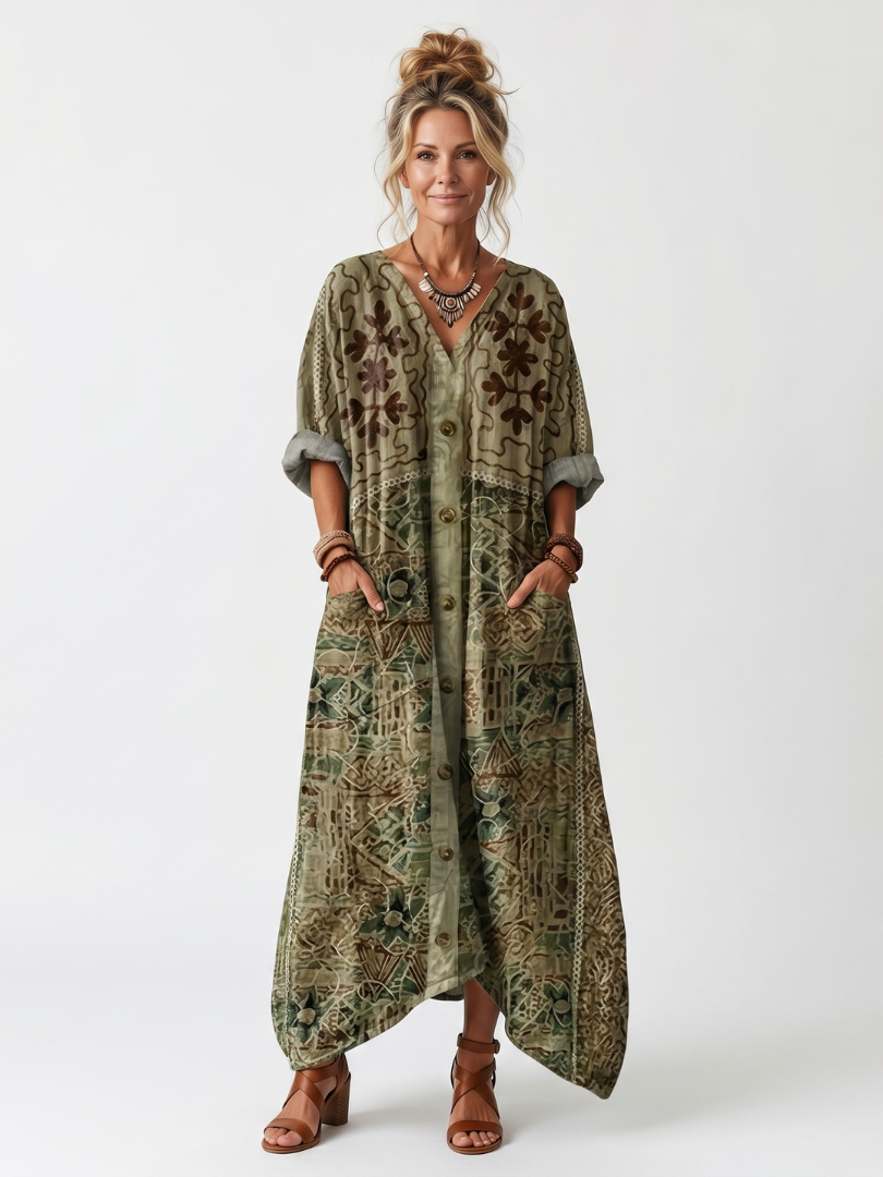 Abito Midi Oversize con Tasche e Bottoni
