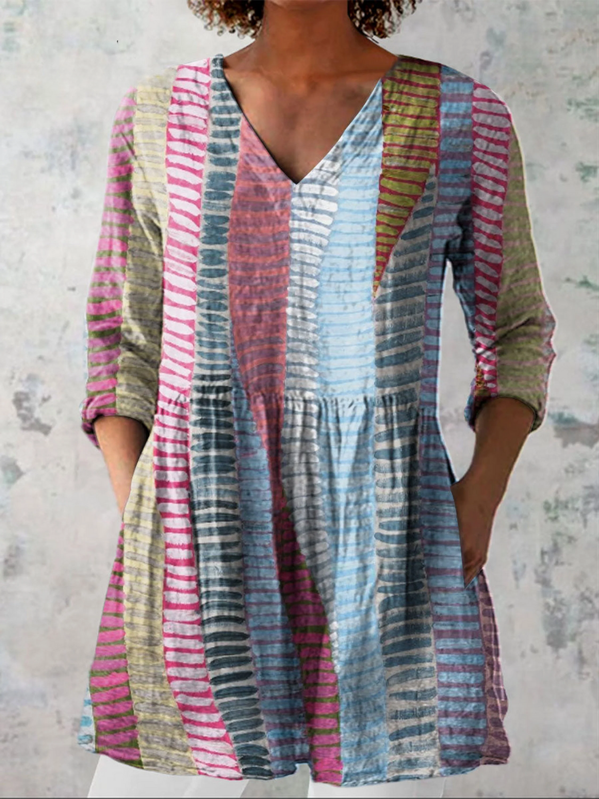 Blusa Larga con Escote en V - Multicolor Boho