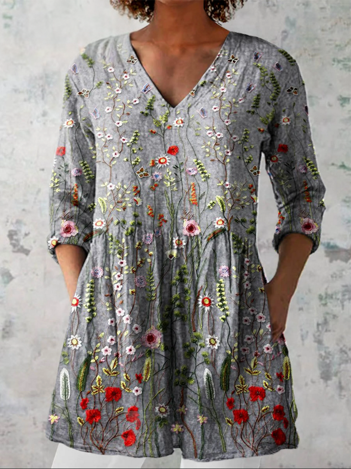 Camicia Lunga con Scollo a V - Grigio