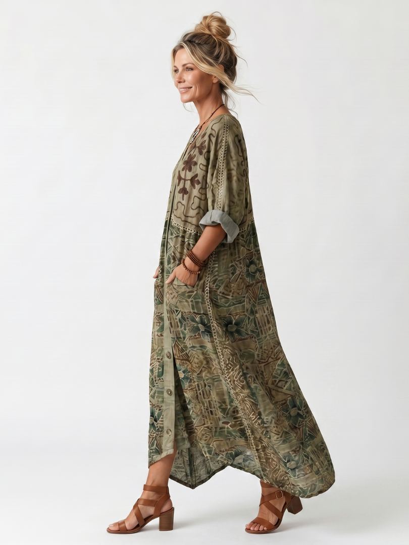 Abito Midi Oversize con Tasche e Bottoni