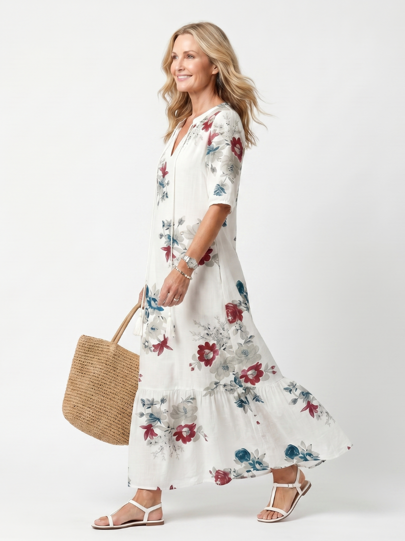 Abito Midi con Fiori Sparsi e Fiocco con Frange